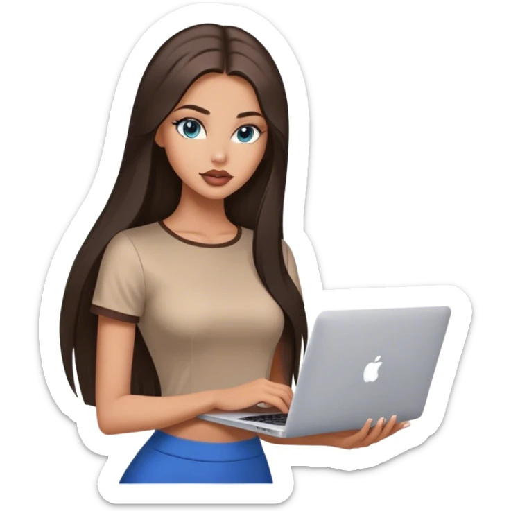 Glamours tanned very beautiful girl with big pump peach lips and dark chocolate straight smooth long hair, blue-grey eyes in brown/beige short sleeves clothing with MacBook sticker