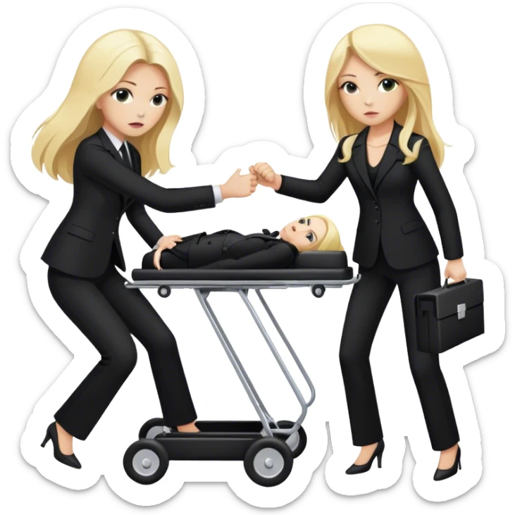 Two woman in black pants suits whit long hair . One is blond one has black hair. They are punching a funeral stretcher.  sticker