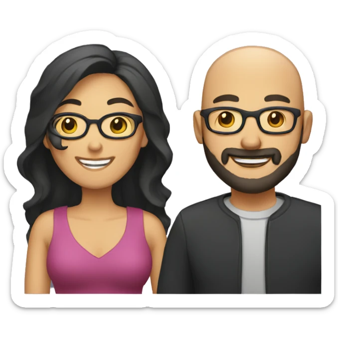a couple, a man is bald and wearing glasses and beard. The woman has  dark, long  hair and smiling showing teeth. sticker