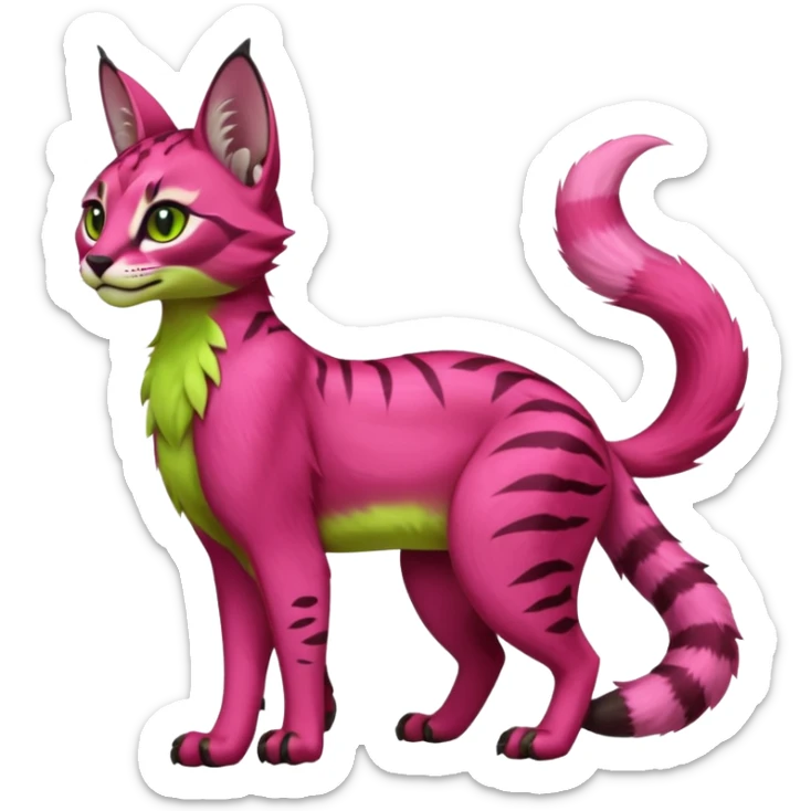 Colorful dark pink lime-green tropical exotic cute cool beautiful shiny beautiful fantasy-caracal-civet-genet-sergal-vernid-serval-Gryphon-Cacomistle-Trico-oncilla-animal-Fakémon-hybrid-fursona (full body) sticker