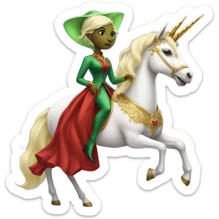 "galora green blonde alien woman" in red Victorian elegant dress, full body, rides unicorn gold and white surrounded by fire
 sticker