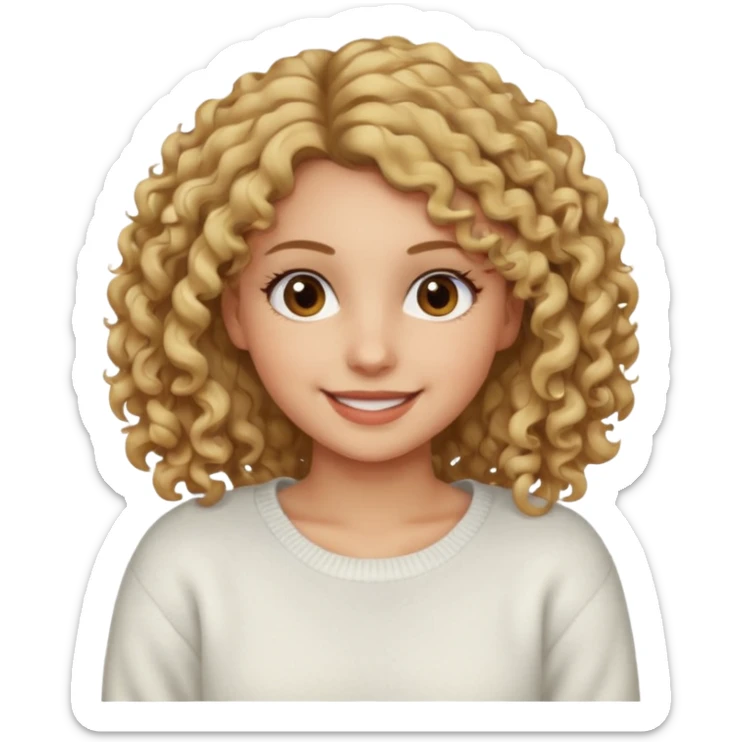 a dirty blonde girl with brown eyes and make her wearing a white sweater with curly hair and white skin color sticker