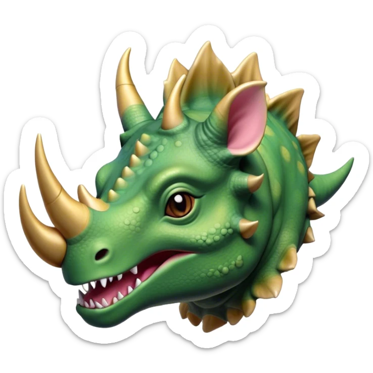 Beautiful and Majestic Triceratops Portrait Emoji, Head and body rendered in serene repose with a gentle, content smile, showcasing a robust, horned form with an intricately frilled head and eyes softly closed in tranquil repose, Simplified yet exquisitely endearing features, highly detailed, glowing with a soft, drowsy prehistoric light, high shine, relaxed and utterly majestic, stylized with an air of ancient splendor, soft glowing outline, capturing the essence of a beautiful and majestic Triceratops that embodies the timeless strength of the ancient world! sticker