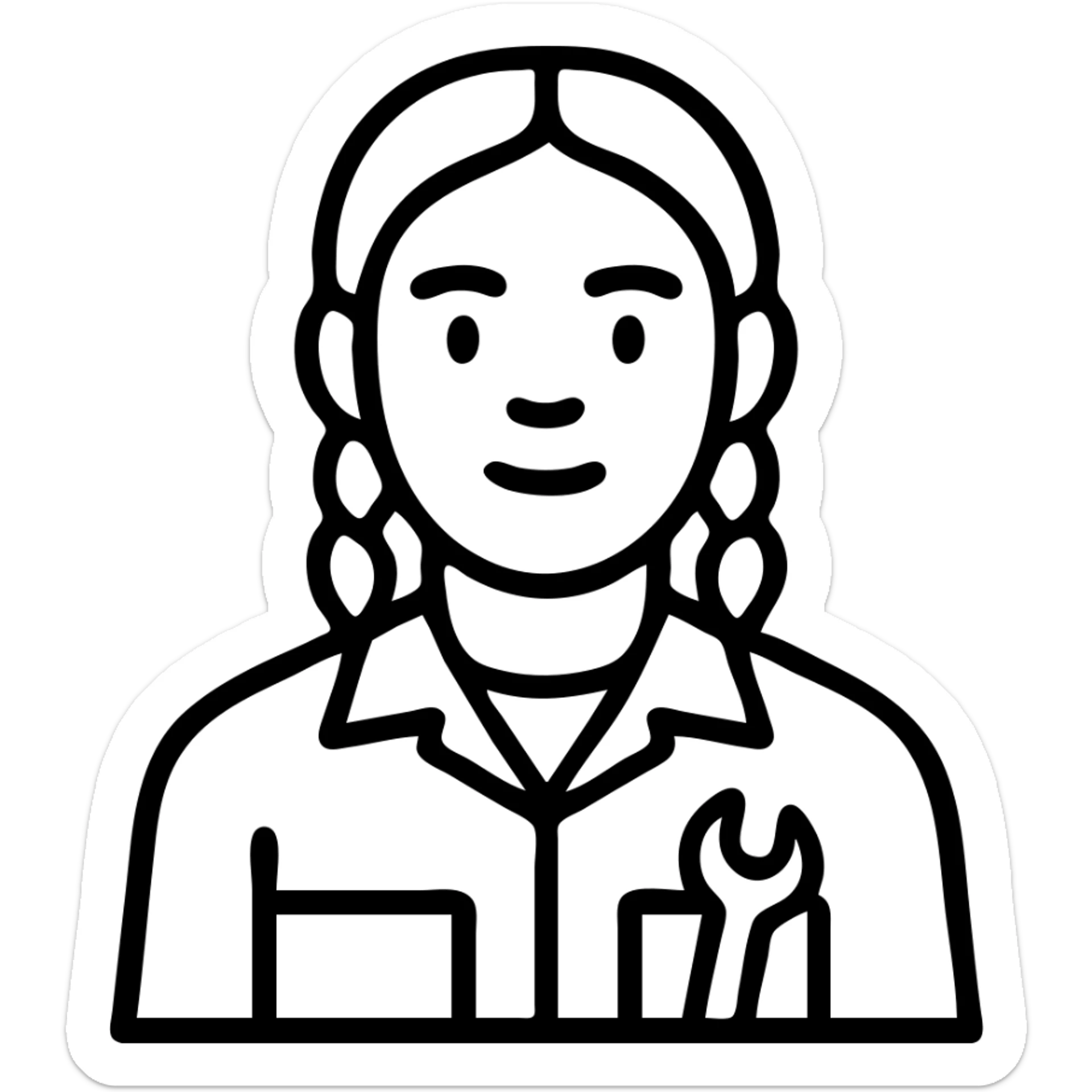 A 40-year-old Latina woman car mechanic with light brown skin, wearing black mechanic uniform, with two braids pulled back from her head sticker