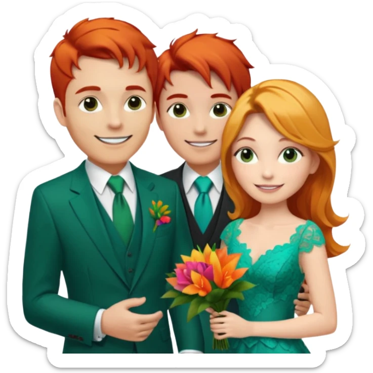  The man, with red hair, wears a dark green suit with a green tie and an orange boutonnière. The woman, with blonde hair, wears a turquoise ballgown with lace details and holds a colorful tropical bouquet. They smile at each other.  sticker