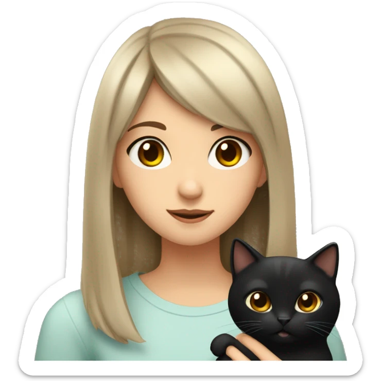 A girl with brown hair and brown eyes and bangs holds a black cat in her hands and looks at her sticker