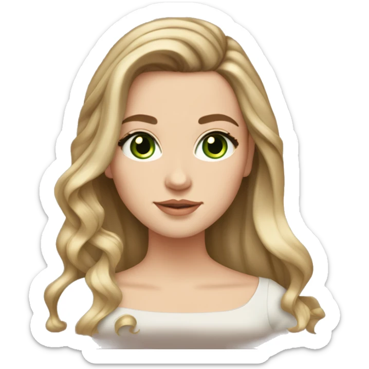 White girl with long brown hair with blonde highlights balayage and green eyes with a bow sticker