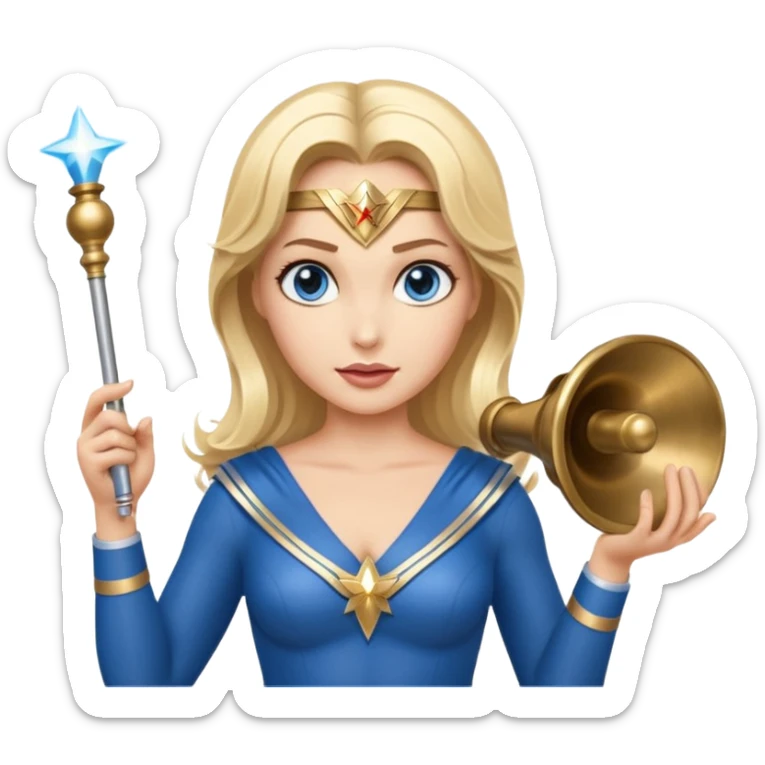 Blonde blue eyes Wonder Woman holding bell and short white orchestra conductor’s baton  sticker