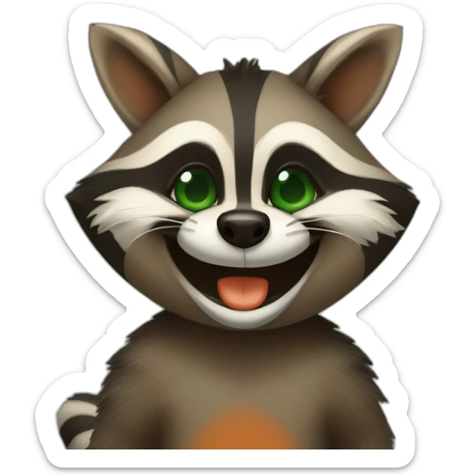 brown raccoon with orange eyes and a dark green hood that is laughing sticker