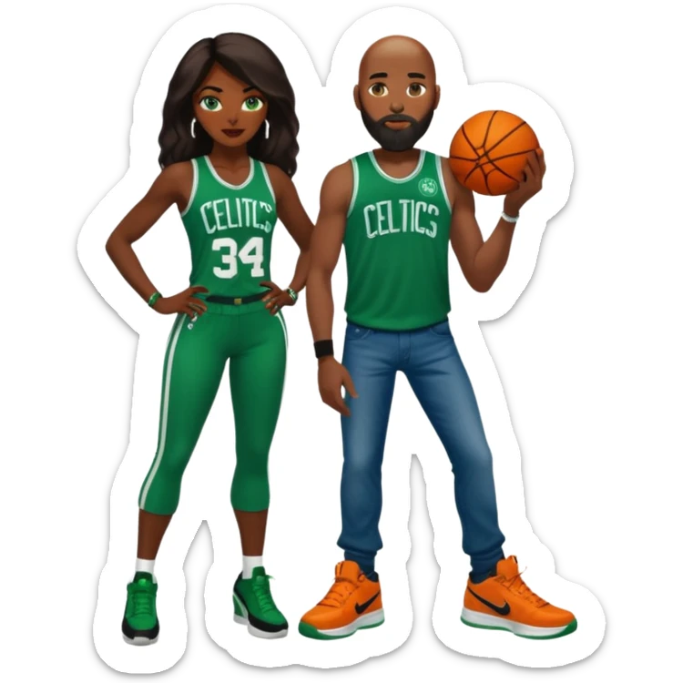 has blue eyes, is

48-year-old dark skin black woman with brown eyes, long dark brown hair, dressed in a sexy Boston Celtics outfit & wearing stilettos. A White bald white man with an orange beard & facial hair. He is wearing a Jason Tatum Boston Celtics Jersey, jeans & green Nike sneakers sticker