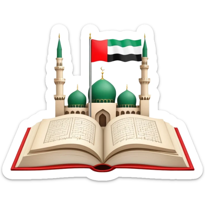 An icon featuring the mosque and the big flag of United Arab Emirates, symbolizing the Arabic language. The design includes an open book with Arabic script and calligraphy, representing language learning and cultural heritage. Transparent background sticker