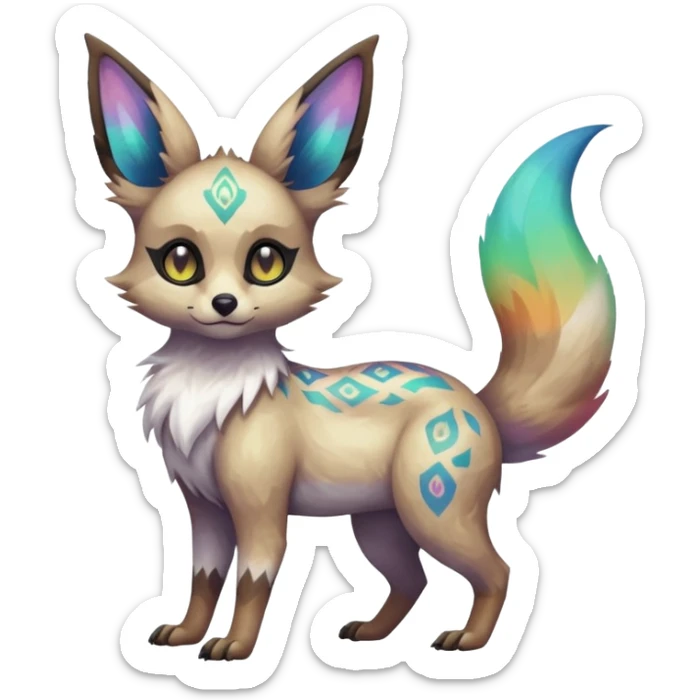 Rare iridescent white exotic epic aesthetic colorful Trico-Eevee-Genet-species-Fakemon-hybrid-creature, with intricate tattoo markings, full body sticker