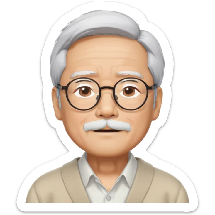 _cinematic-realistic-portrait-of-hayao-miyazaki,-depicted-with--large-rectangular-glasses,-his-happy-expression-rendered-in-lifelike-detail,-illuminated-with-soft,-realistic-lighting-that-emphasizes-his-creative-genius, his eyes shut   sticker