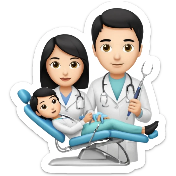 olive skin dentist with black hair holding dental tools, patient in chair sticker