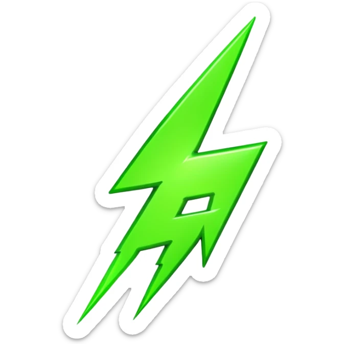 A single neon green lightning bolt emoji, glossy and smooth, vibrant neon green color, high detail, simple and cute design sticker