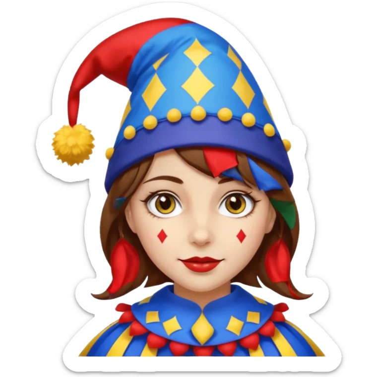 a girl with brown hair a blue and red jester hat with yellow pom pom's at the tip of the jester hat her eyes a patren of red and blue  sticker
