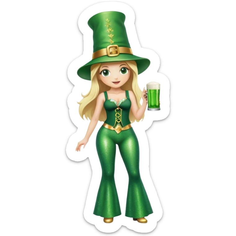 Blonde haired pretty woman in glittery green bell bottoms and tall leprechaun hat holding a green beer sticker