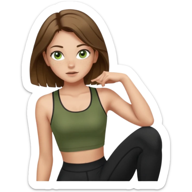 Girl with green eyes, brown hair shoulder length, light skin, and freckles wearing an olive green crop top with black leggings working out, she has light gorgeous lashes sticker