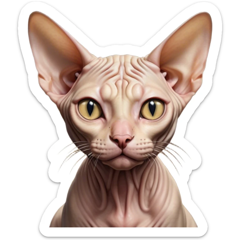 Cinematic Meme-Worthy Grumpy Sphynx Cat Portrait Emoji, Head held high but eyes filled with dramatic disappointment, hairless, wrinkled skin forming deep furrows of discontent, large ears positioned like tiny radar dishes of judgment, signature scowling mouth and narrowed eyes radiating pure disapproval, Simplified yet hilariously over-exaggerated features, highly detailed, glowing with an aura of supreme annoyance, high shine, exhausted yet judgmental, stylized with an almost regal pettiness, bright but brooding, soft glowing outline, capturing the essence of a feline that has seen it all and is thoroughly unimpressed, so meme-worthy it feels like it could instantly become the next viral sensation of grumpiness! sticker
