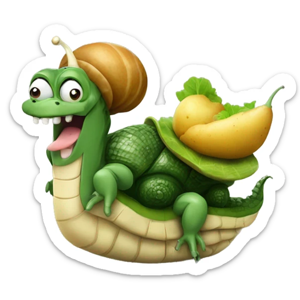 hybrid of snail and crocodile holding a potatoe with a sly grin on its face sticker