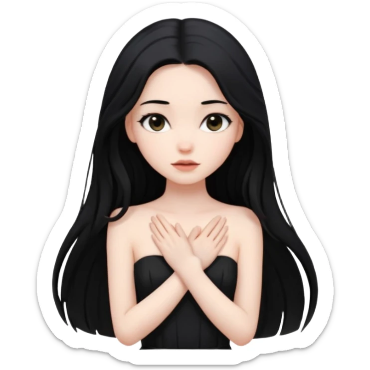 Pale girl with long black hair and black strapless dress with hands over her heart sticker