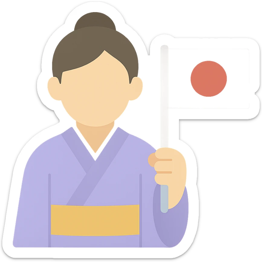 person in a traditional Japanese kimono holding the flag of Japan, color icon sticker