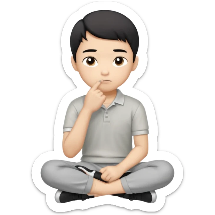Cartoon Asian boy sitting cross-legged, clearly resting his closed fist against his cheek, looking thoughtful with a slight smirk. White polo, gray pants, black shoes, large eyes, short black hair. Clean vector style, flat colors, black background. sticker
