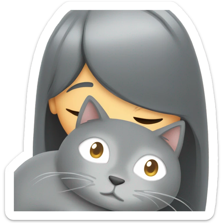 Gray cat hugging girl with straight hair and no glasses  sticker