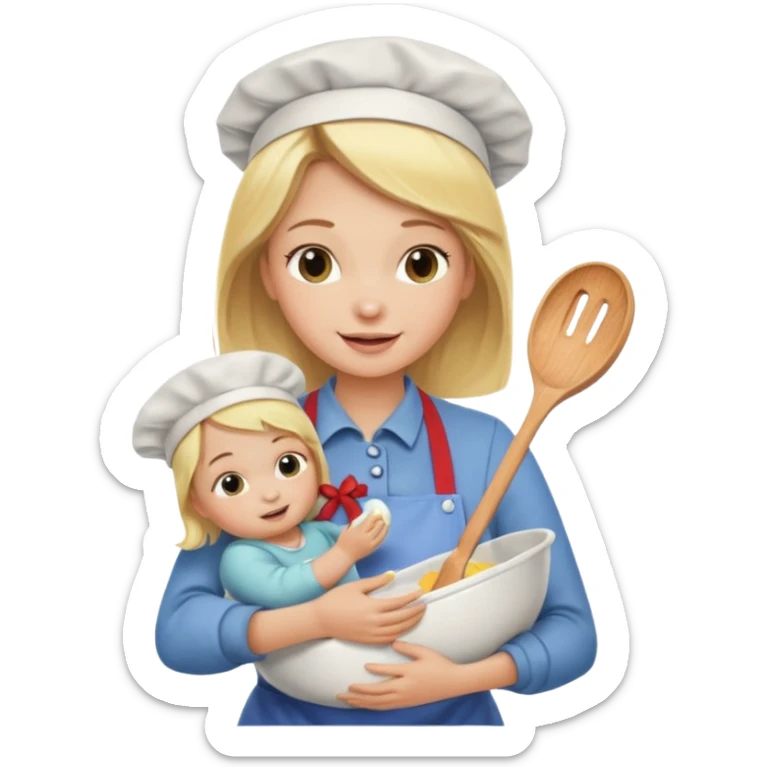 Blonde girl, cooking , cleaning and holding a baby sticker