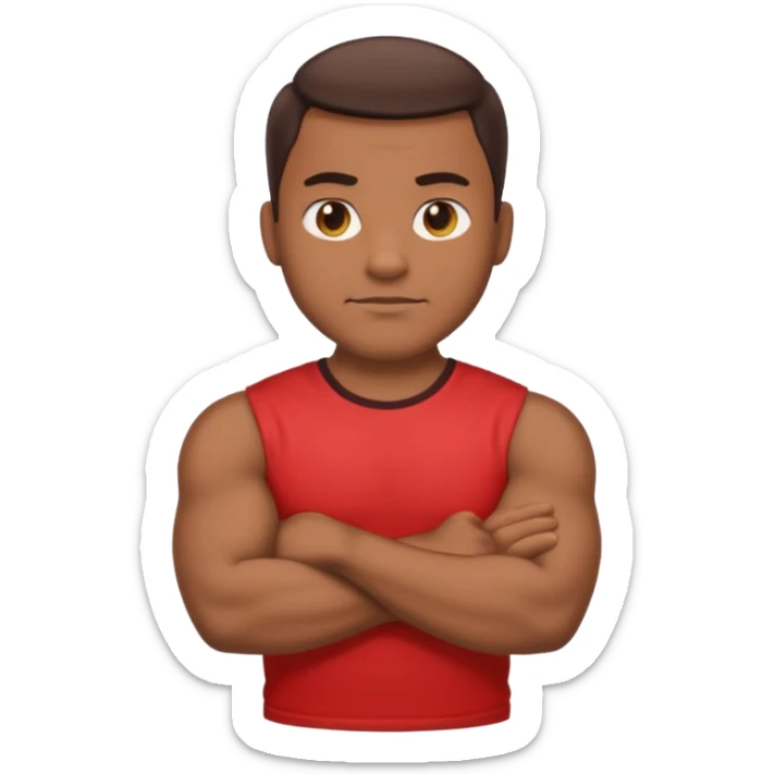 apple stylized emoji of a strong man, his arms crossed, white bg, he's in a red tee shirt sticker