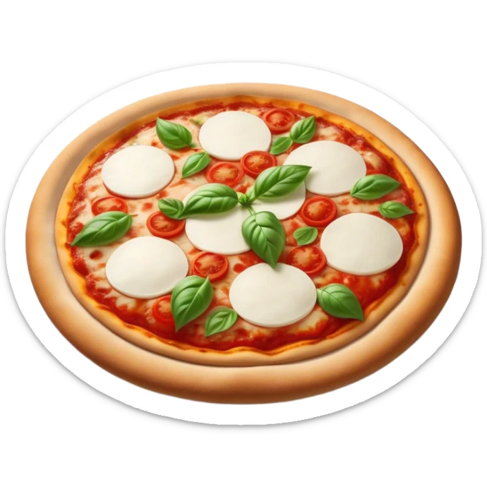 Cinematic Realistic Pizza Napoletana Dish Emoji, depicted as a classic thin‚Äêcrust pizza topped with vibrant tomato sauce, fresh mozzarella, and basil rendered with mouth‚Äêwatering textures and warm natural lighting. sticker
