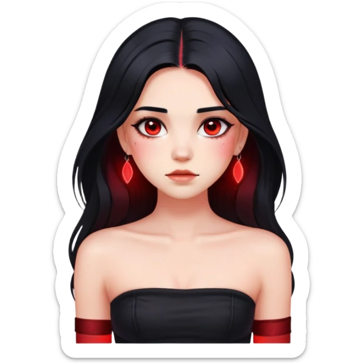 Girl with black hair with red underlights and frontlights hair. Long hair. Black strapless crop top. Very elegant. Skinny face with birthmark under left cheek. Without jewerly. sticker