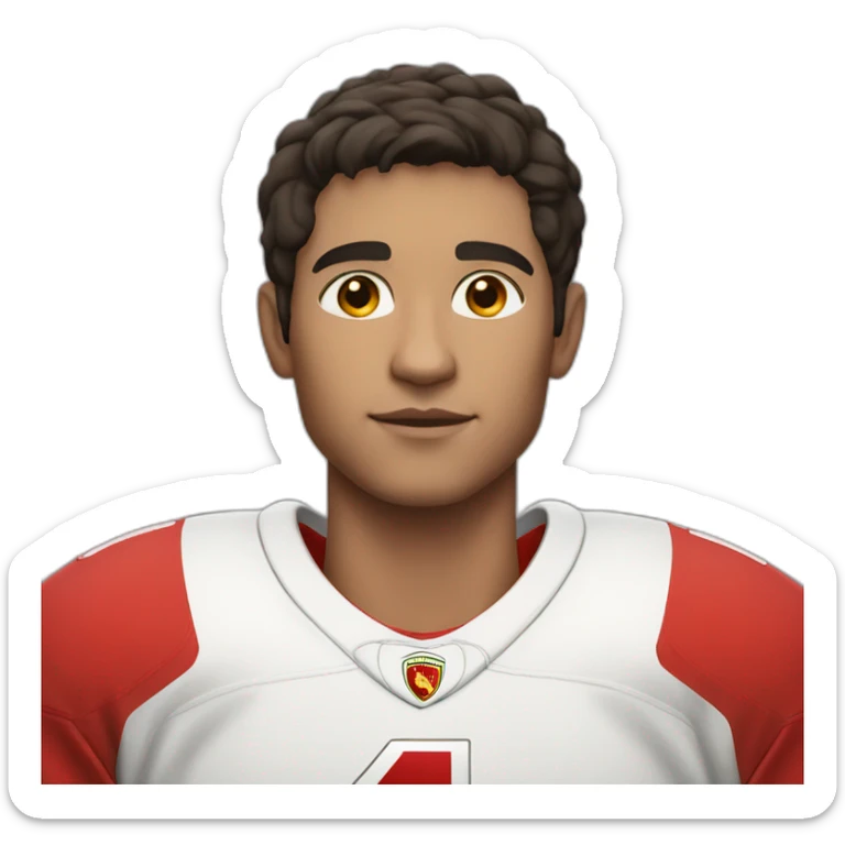 a young man with no beard and very short dark hair and brown eyes in a red ferrari jersey sticker