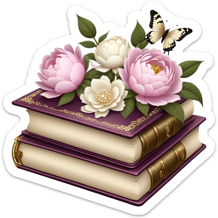 A vintage silk-bound poetry book, its cover embossed with golden floral motifs of pink roses and white peonies, resting on an antique writing desk with an ivory quill and a pearl butterfly sitting lightly on the book’s pages.
 sticker