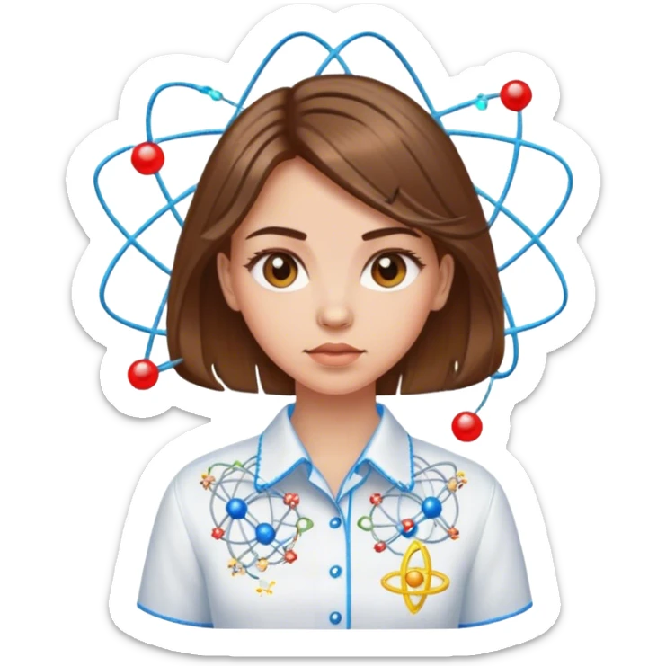 a Ukrainian girl with brown hair in an embroidered shirt and an atom sticker