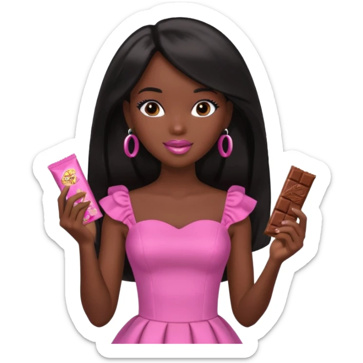 Black barbie, long black  hair, pink dress eating chocalate bar sticker