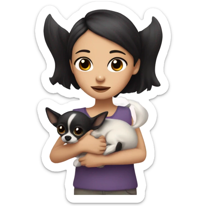 A girl with dark hair and dark eyes and a white chihuahua in her arms and they cuddled  sticker