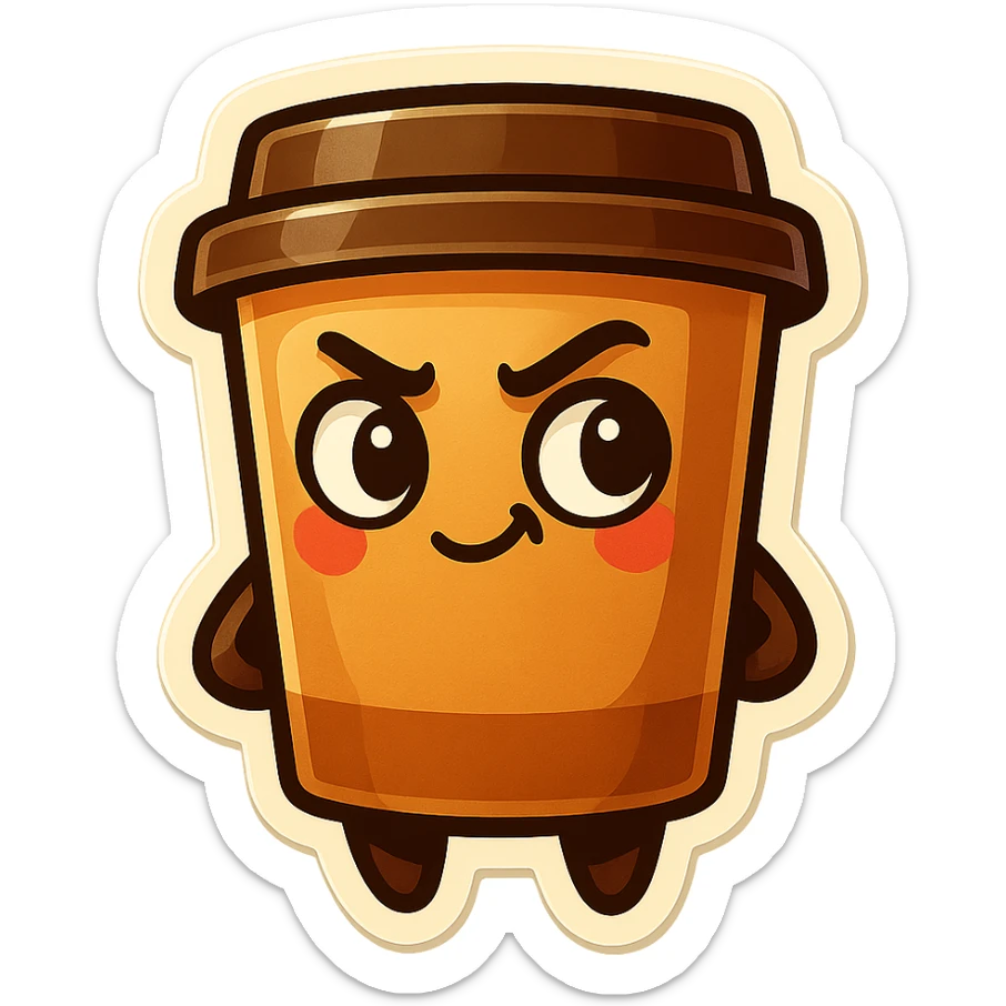 Tall coffee cup, mischievous eyes, thinking sticker