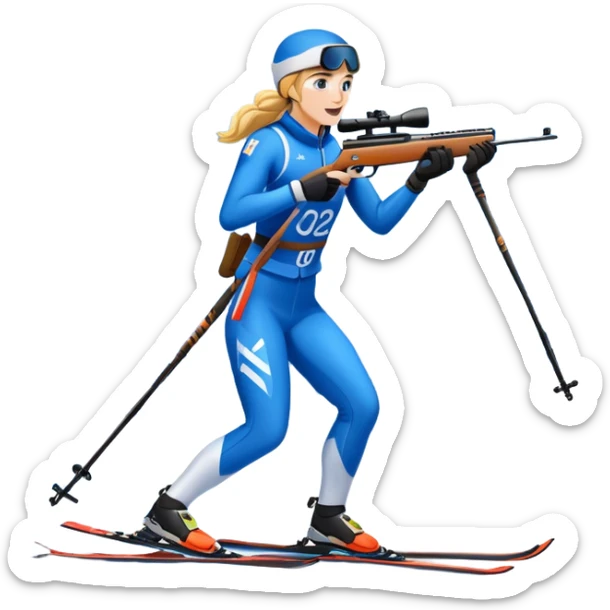 An icon showing a biathlete skiing on a snow-covered Olympic track with a rifle on their back. Cheering fans fill the stands. Majestic mountains, snowy trees, and a bright blue sky complete the scenic winter landscape. Transparent background captures the spirit of biathlon. sticker
