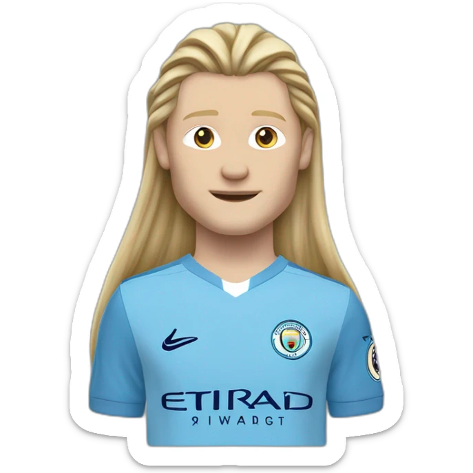 Realistic Erling Haaland has long hair, in a catogan. He is wearing Manchester City football shirt.It has the numéro 9 sticker