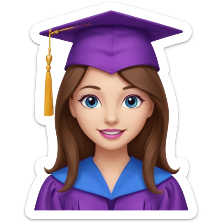 girl with gorgeous long brown hair, blue eyes, long lashes makeup, sexy pink lips, wearing a purple graduation cap and gown sticker