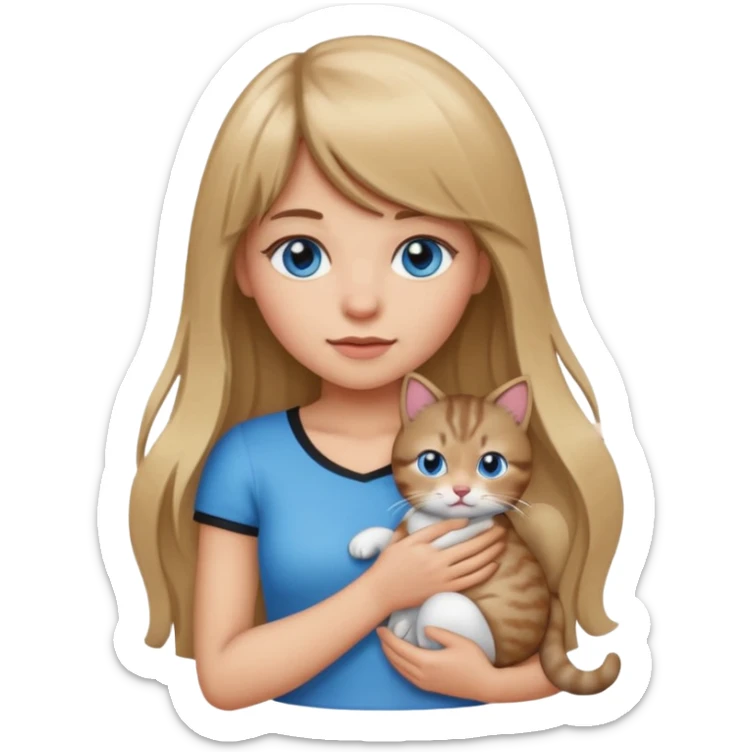 Apple-style emoji sticker of a young woman with long dark blond hair and bang, blue eyes , holding a kitty with black and white patch on her chest.  sticker