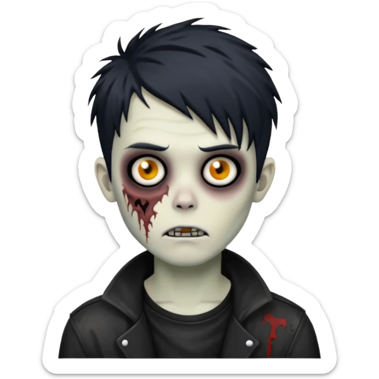 Zombie Boy with black emo messy hair and teenager aparience, black background sticker