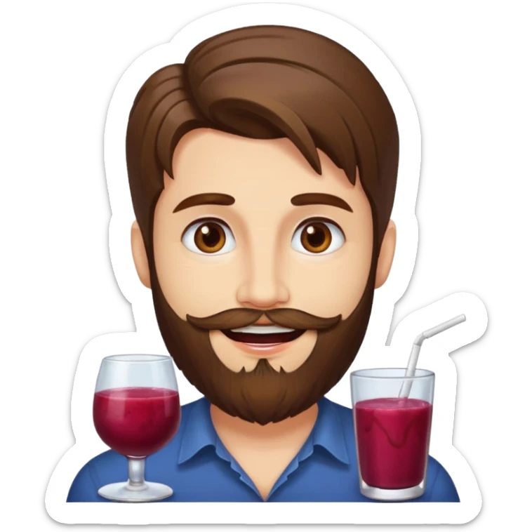 bust man long brown hair brown eyes medium beard white skin with berry juice stained lips grin sticker
