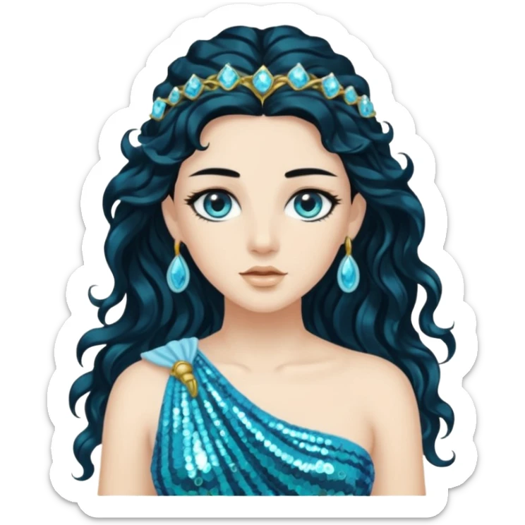 Salacia, Goddess of Seawater from Roman Deities with long jet black wavy hair, aquamarine sequin toga  sticker