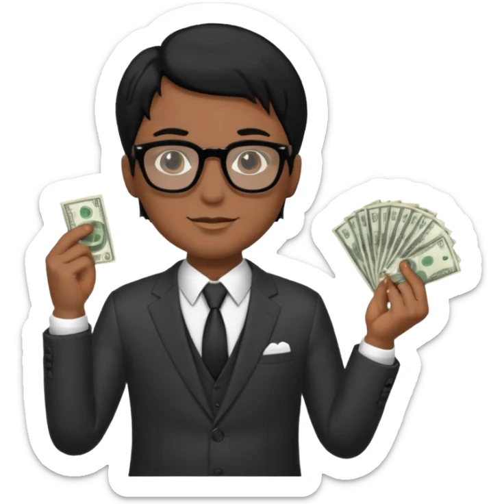 Rich man holding money with his left hand, wearing suit and glasses black hair, brown skin sticker