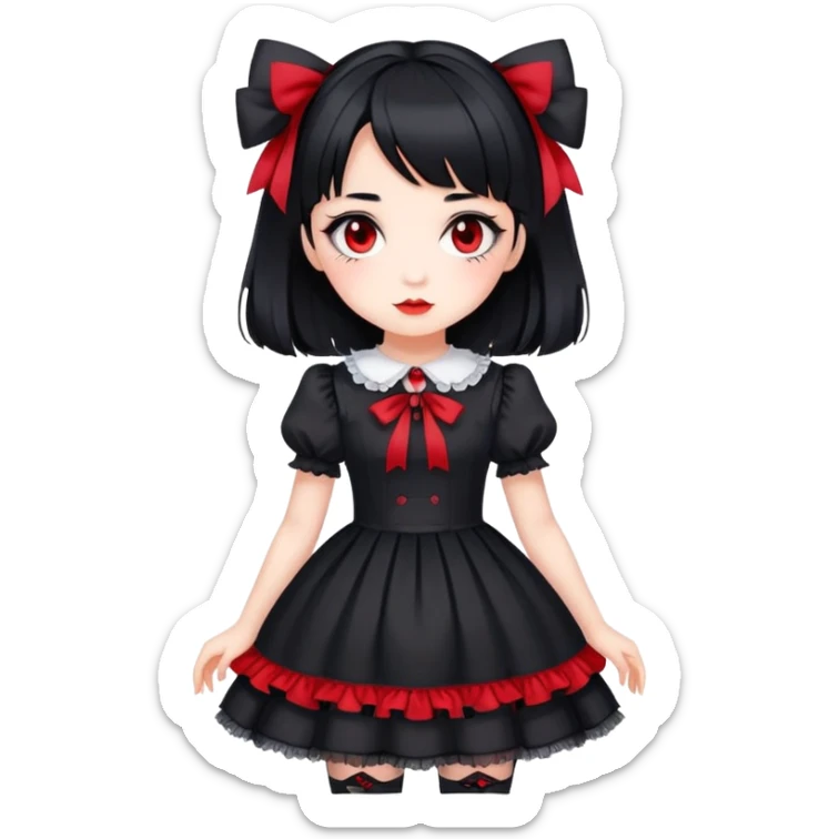 girl in black Lolita dress with black hair and red tips sticker