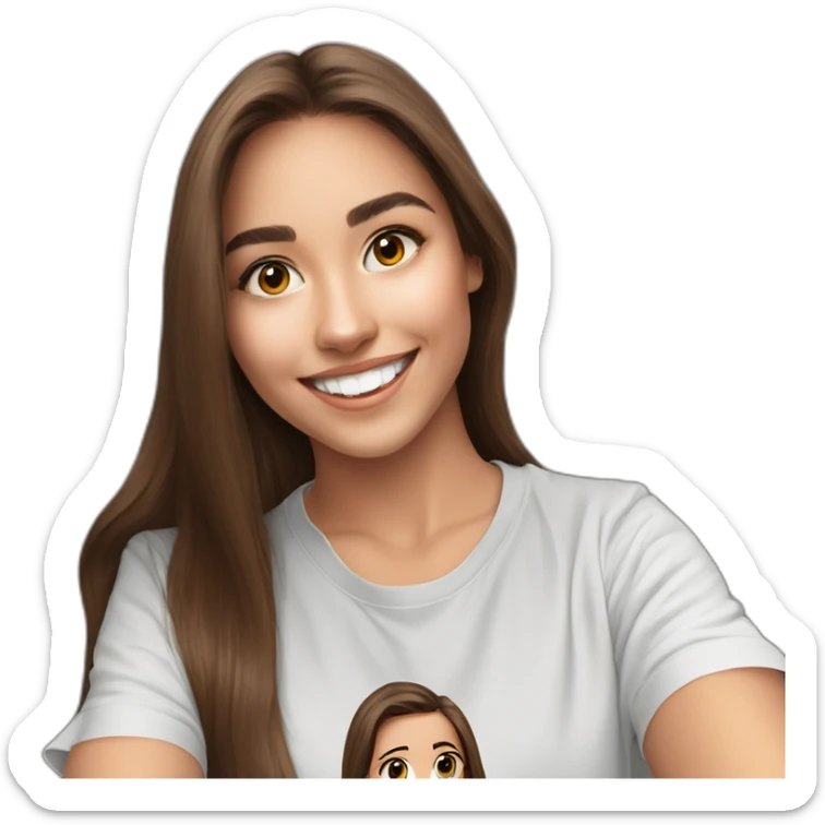 Spaniard Teenager girl long Brown straight hair funny face smiling taking selfie nike t shirt sticker