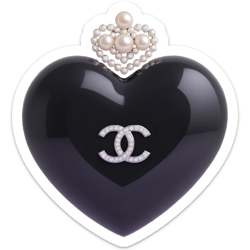 Add a diamond accent to the glossy black heart with pearls and silver Chanel logo, keep the background transparent, elegant, black and white color scheme, 3D emoji style. sticker