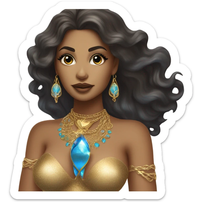 Divine feminine luxurious, sensual mermaid siren, bronze tan famous singer dark hair gold jewelry blue jewelry 9th dimension  sticker